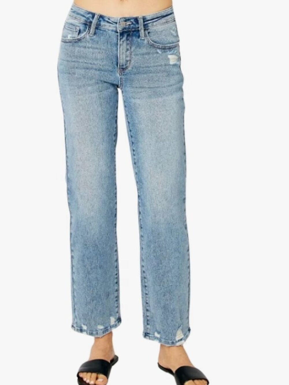 Judy Blue Women's Mid Rise Medium Wash Distressed Straight Leg Jeans 88656